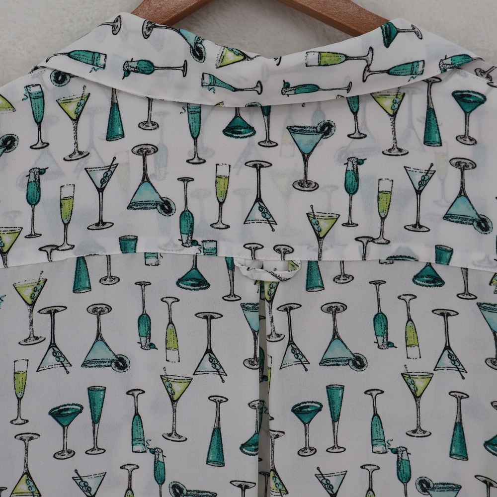 New York & Company Cocktail Print Button Top Womens Size M White Roll Tab Sleeve - Picture 9 of 12